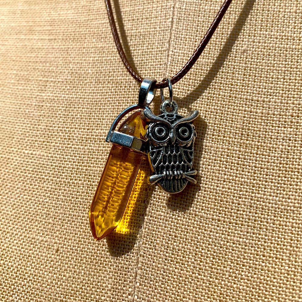 Handmade Honey Yellow Amber Crystal Amulet Necklace & Owl Charm